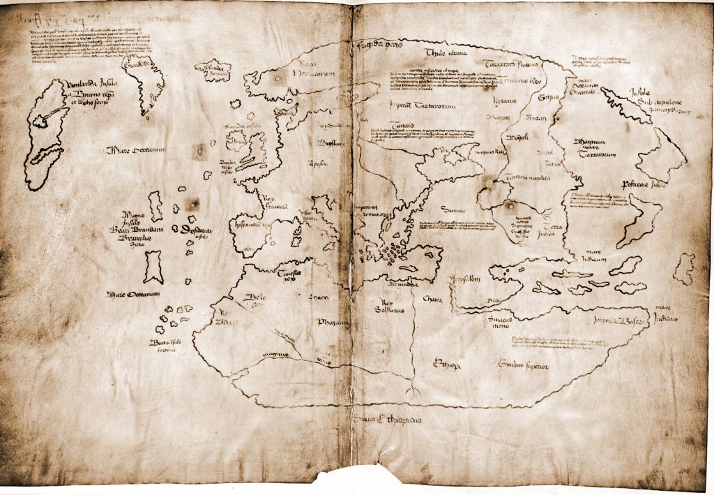 Carte du monde au XVe siècle, redessinée à partir d'un original du XIIIe siècle ; première description connue de la côte de l'Amérique du Nord alors appelée Vinland.