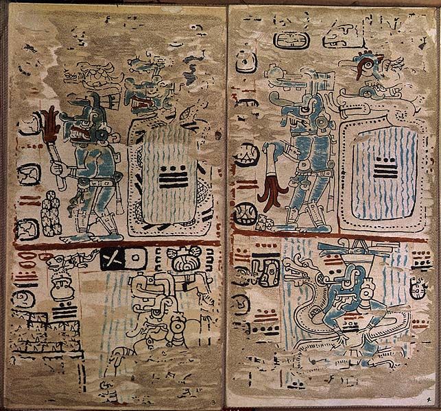 Chac, dieu maya de la Pluie et du Tonnerre, reconnaissable à son long nez pendant. Codex conservé au British Museum, Londres. 