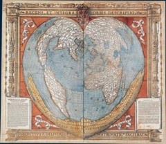 carte Oronce Fine, Mappemonde en forme de cœur montrant la Terre australe Recens et integra orbis descriptio, Paris, 1536. Carte gravée sur bois et aquarellée (51 x 57 cm en 2 f. assemblés) BNF, Cartes et Plans, Rés